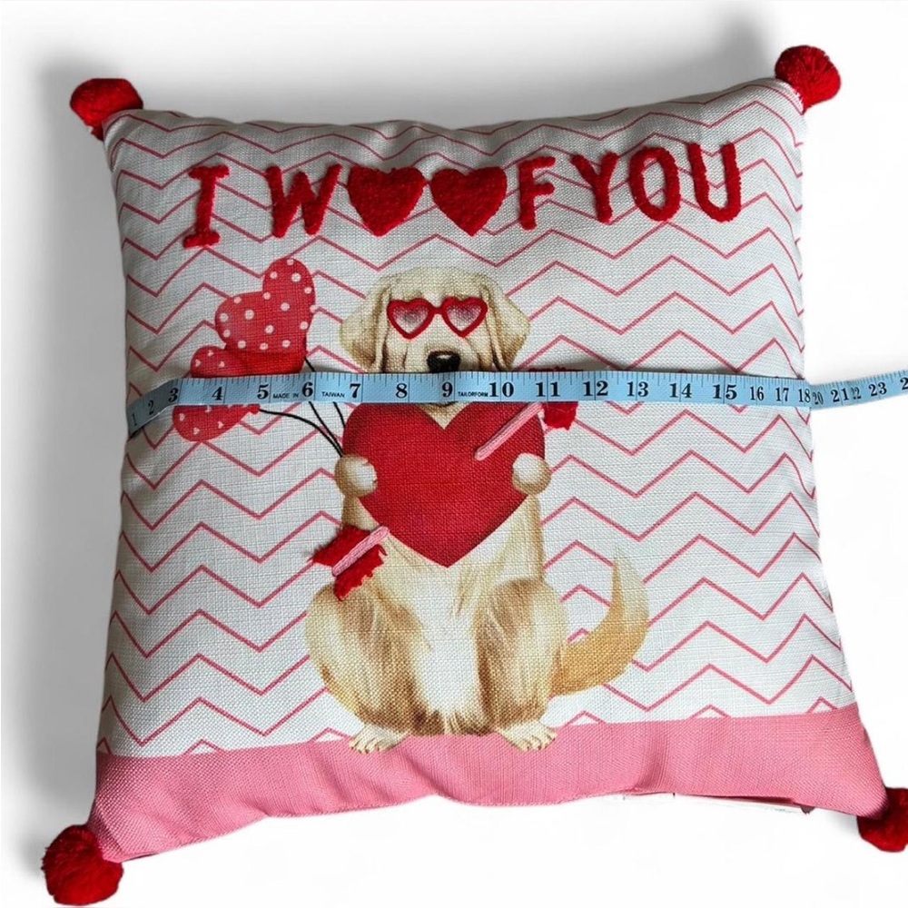 Valentines Dog Decorative Pillow, Red Pink and White, “I Woof You” - Picture 4 of 5